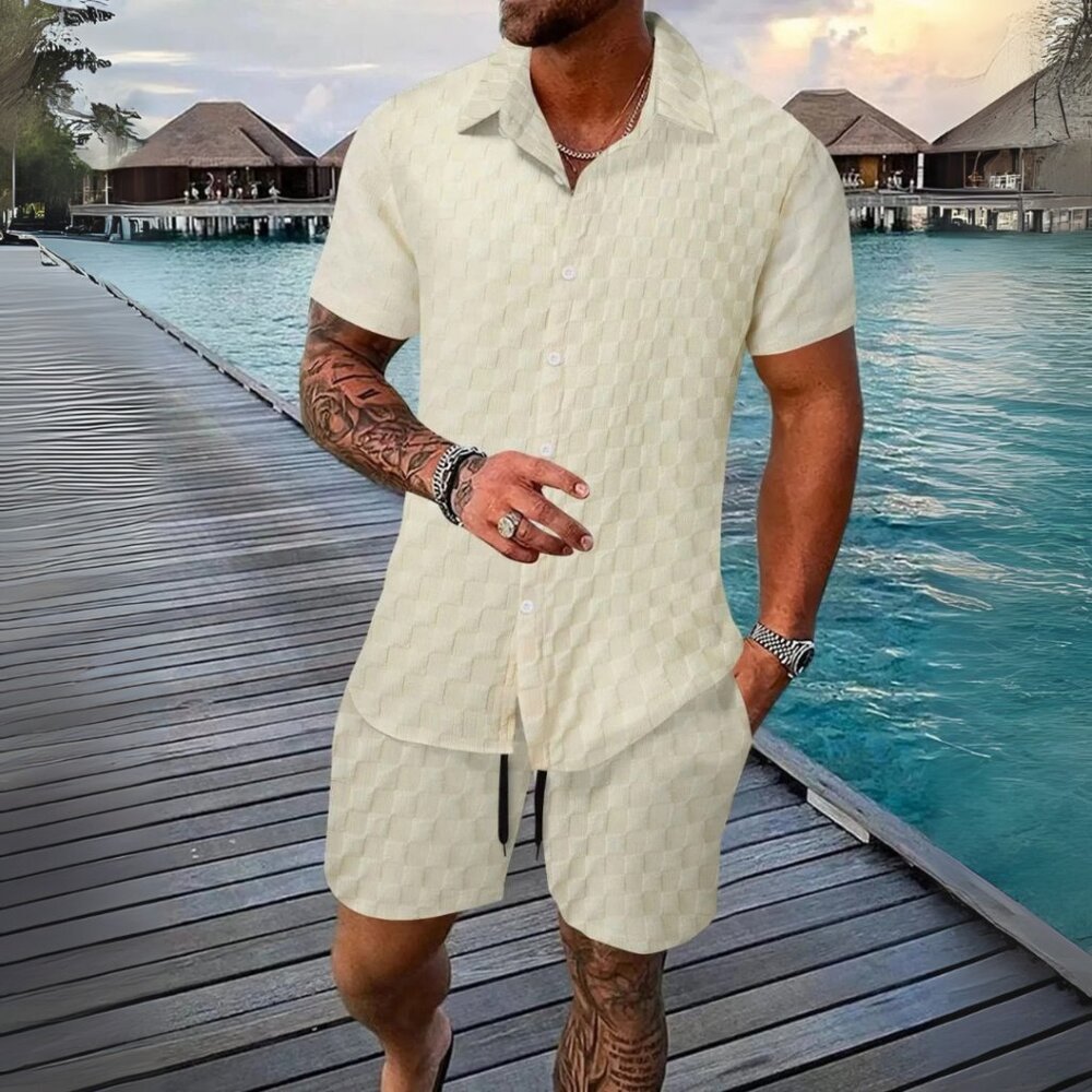 Men's Beige Collared Neck Short Sleeve Top & Shorts Resort Outfit